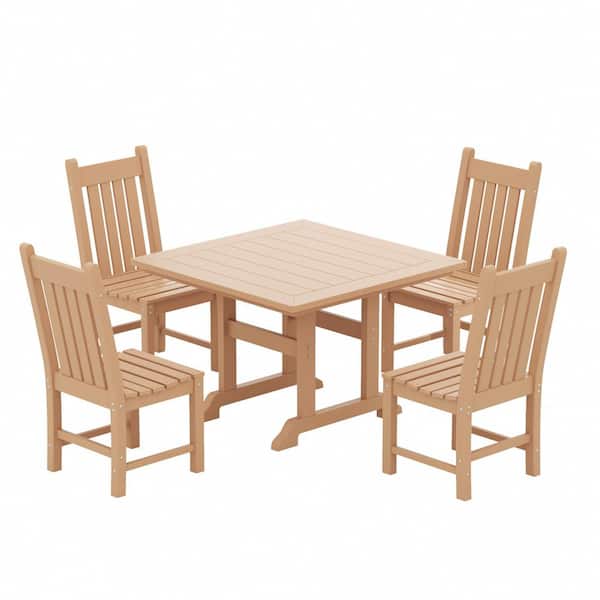 Hayes 43 in. All Weather HDPE Plastic Square Outdoor Dining Trestle Table with Umbrella Hole in Teak
