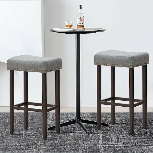 Costway Gray Backless 29 in. Wood Nailhead Saddle Bar Stool with