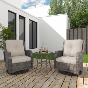 3-Piece Patio Wicker Conversation Set with Beige Cushions and Side Table - Swivel, Relax in Style