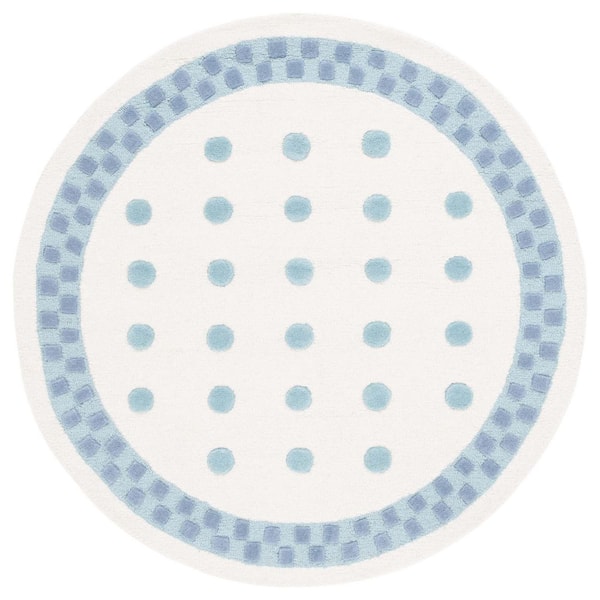 Kids 5 ft. x 5 ft. Ivory/Blue Polka-Dot Border Round Area Rug