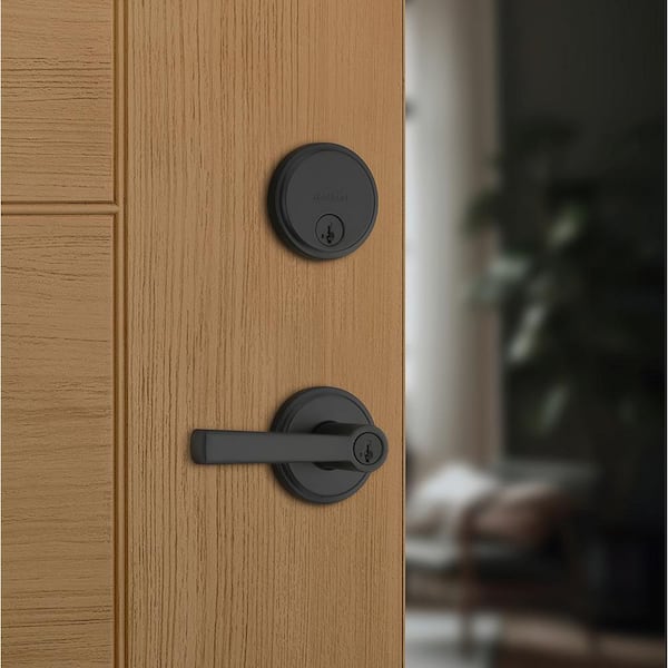 Trafford Keyed Entry Handle and Single Cylinder Deadbolt Combo Pack featuring SmartKey Security in Matte Black