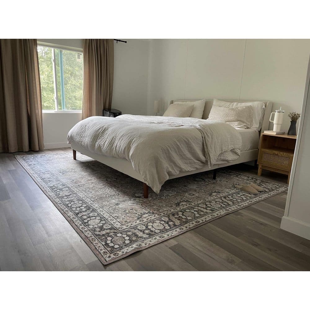 Vintage Distressed Black and Beige Oriental Cotton Chenille Rug 5'3" x 7'3"