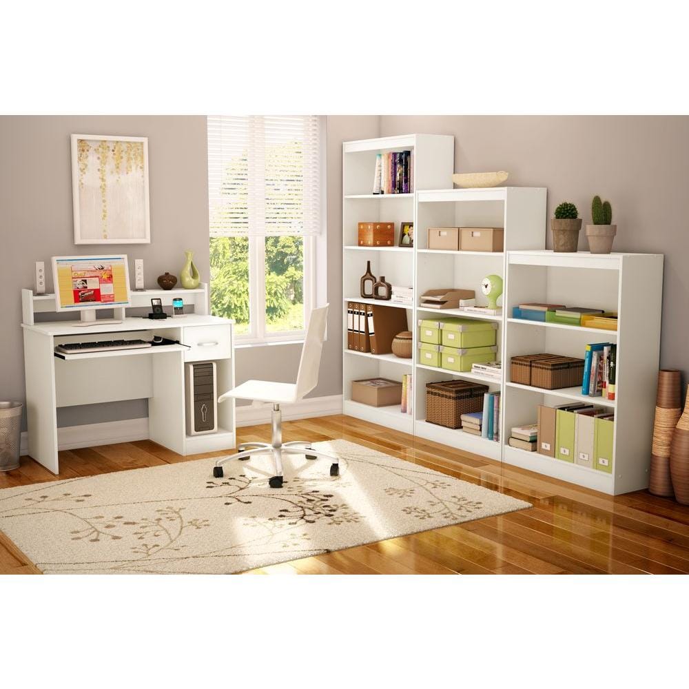 White Wood Computer Desk with Hutch and Drawer