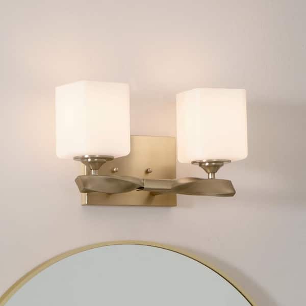 Marette 13.5 in. 2-Light Champagne Bronze Contemporary Bathroom Vanity Light with Satin Etched Cased Opal Glass
