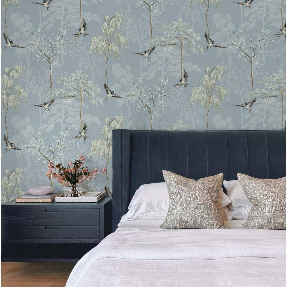 Light Blue Bird Garden Peel and Stick Wallpaper