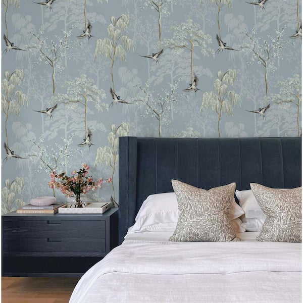 Arthouse Light Blue Bird Garden Vinyl Peel and Stick Wallpaper Roll 30.75 sq. ft.