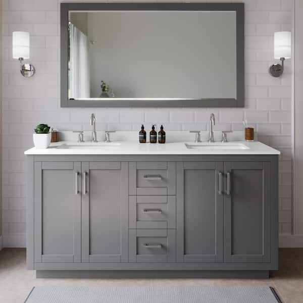 Wyndham Collection Miranda 66 in. W x 22 in. D x 33.75 in. H Double Bath Vanity in Dark Gray with White Quartz Top and 58 in. Mirror