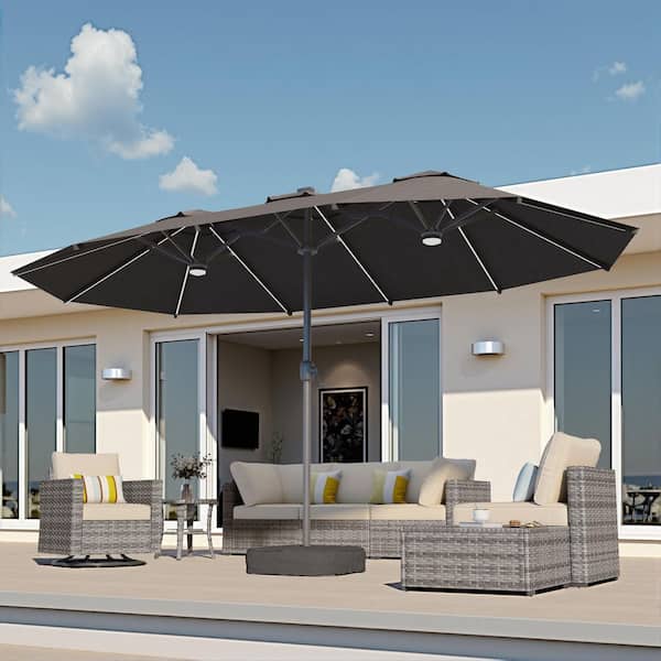 Alpine A 15 ft. Solar LED Outdoor Patio Double-Sided Market Patio Umbrella, UV Protection with Base in Dark Gray
