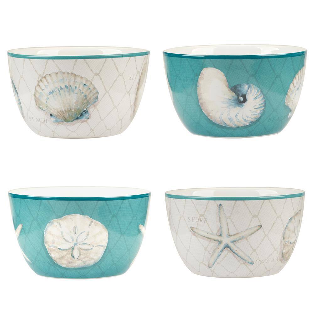 Ocean View Teal and Cream Ceramic Dessert Bowls, Set of 4