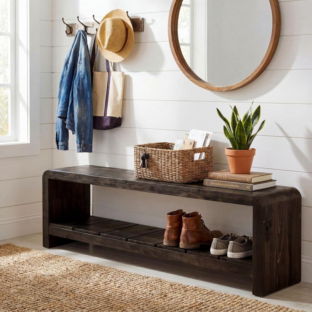 59 in. Black Brown Solid Wood Entryway Bench, Long Dining Bench Indoor Bench Seating 2-Tier Shoe Bench with Storage price history on PriceWatchPro
