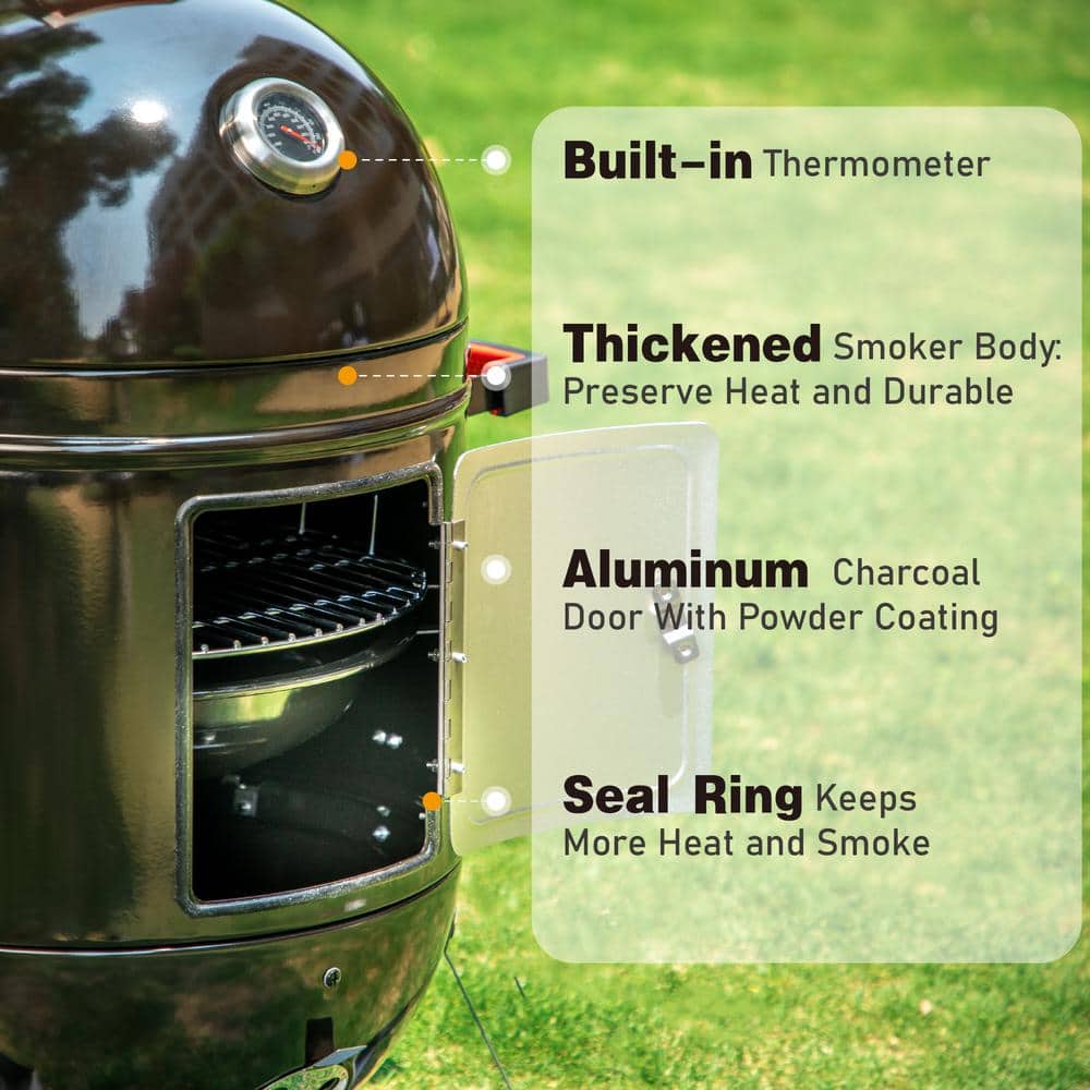 18" Black Charcoal Vertical Smoker Grill with Porcelain Enamel Bowls