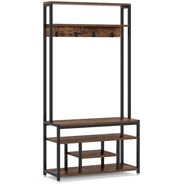 BYBLIGHT Carmalita Brown Industrial Entryway Hall Tree Coat Rack with Shoe Storage Shelf and Hooks