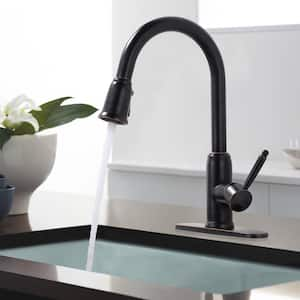 Single-Handle Deck Mount Gooseneck Pull Down Sprayer Kitchen Faucet with Deckplate Included in Oil Rubbed Bronze