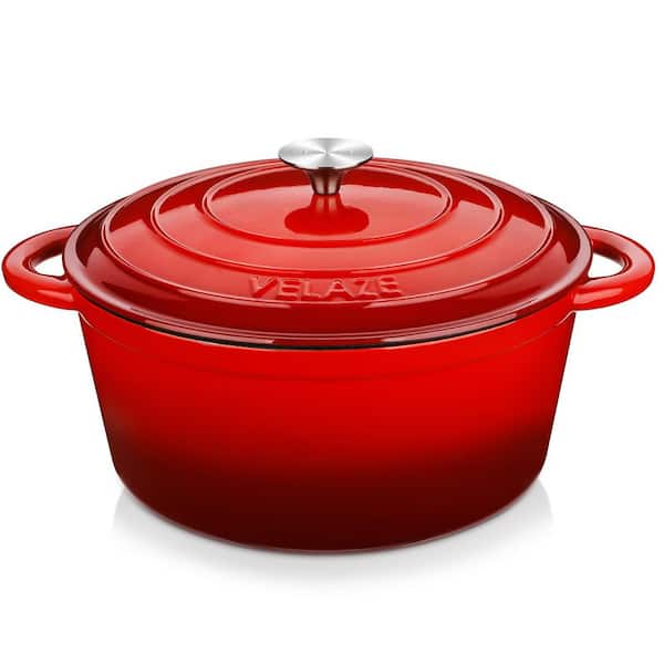 Velaze 1-Piece Red Enamel Cast Iron Non-Stick Induction Dutch Oven with Lid Casserole Cooking Pan Pot for Stewing Roasting