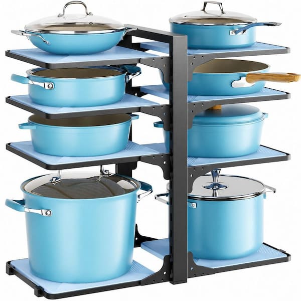 8-Tier Adjustable Pot and Pan Organizer for Cabinets, Heavy-Duty Rack for Skillets and Lids, Black