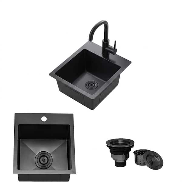15 in. Drop-In Single Bowl 16-Gauge Gunmetal Black Stainless Steel Small Bar and RV Kitchen Sink with Drain