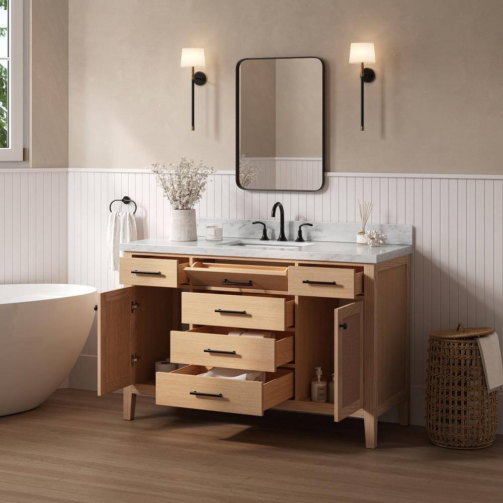 Camila 55" Light Brown Oak Single Sink Bathroom Vanity with Carrara Marble Top