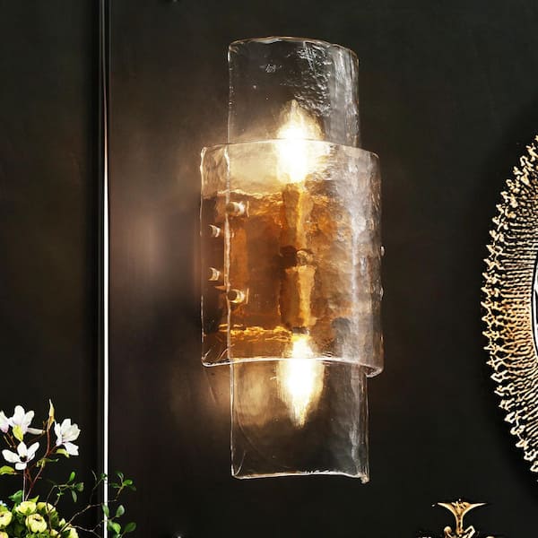 Modern 14.2 in. 2-Light Plated Brass Glacier Glass Wall Sconce for Bedroom Hallway, Horizontal/Vertical Mount Wallchiere