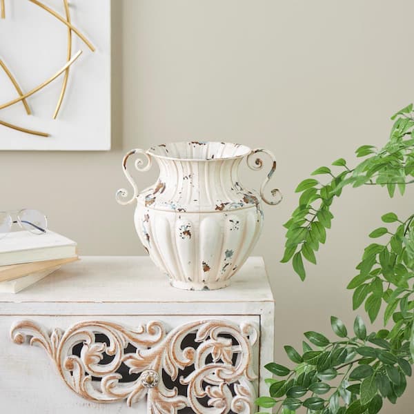 Litton Lane Cream Vintage Amphora Metal Scroll Decorative Vase with Brown and Teal Distressing and Scroll Handles