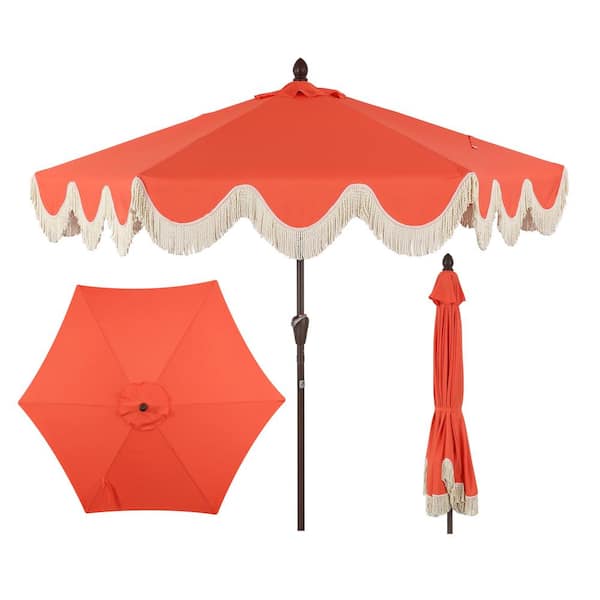 JONATHAN Y Collins 9 ft. Cottage Tassel Market Patio Umbrella with Auto-Tilt, Crank, Wind Vent and UV Protection in Coral Red/Cream