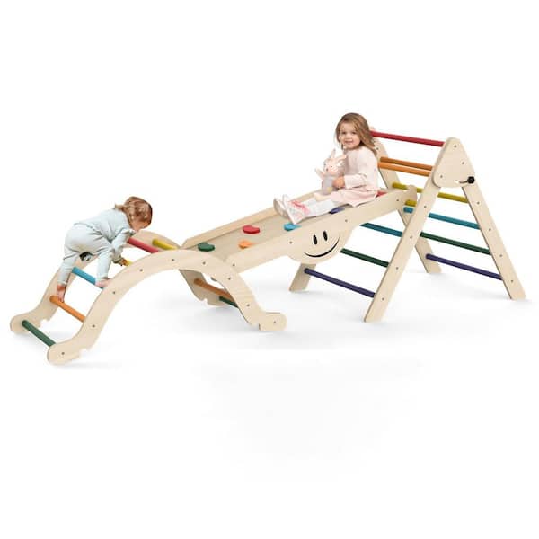 SEEUTEK 8-in-1 Rainbow Triangle Set with Seesaw Design Foldable Toddler Climbing Toys Playground with Ramp, Wooden Jungle Gym