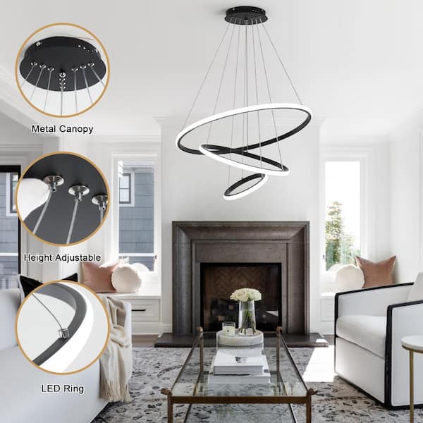 ZJVAIVE 60-Watt Black 3 Ring LED Hanging Pendant Light Fixture