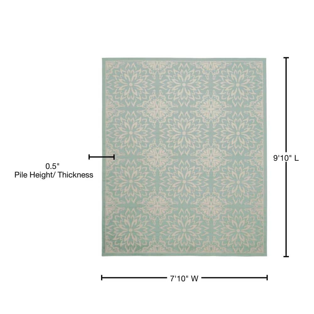 Ivory and Green Floral Synthetic Rectangular Rug 8' x 10'