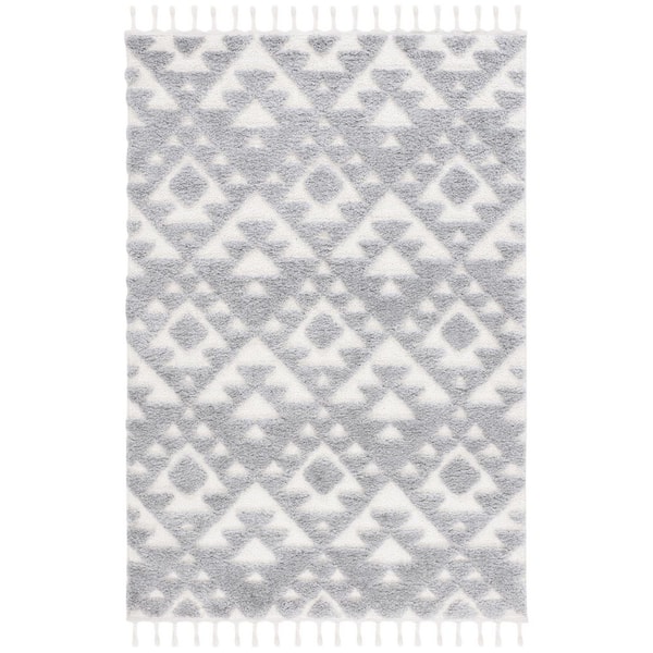 Moroccan Tassel Shag Gray/Ivory 9 ft. x 12 ft. High-Low Geometric Fringe Area Rug
