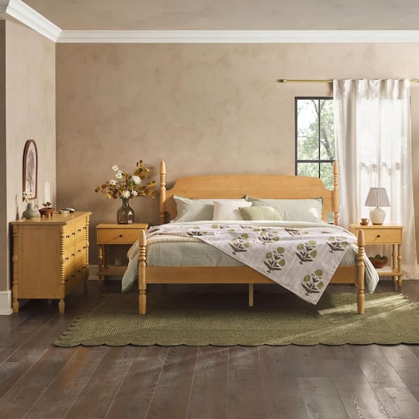 Modern Easy Assembly 4-piece Solid Wood Natural 1-drawer Nightstands and 6-drawer Dresser with King Bed Bedroom Set