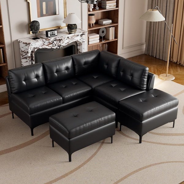 Harper & Bright Designs 94.88 in. L Shaped Faux Leather Modern Corner Sectional Sofa in Black with 2-Storage Ottomans