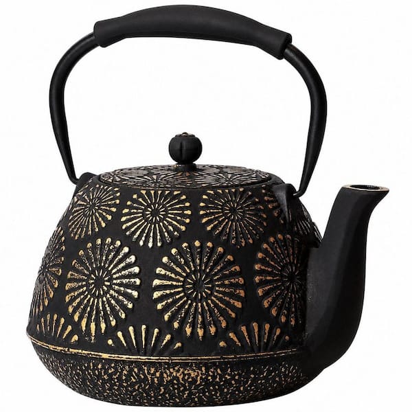 4-Cup Black Cast Iron Tea Pot with Enameled Interior and Silicone Handle, 40 oz. Tea Kettle with Infuser for Stove Top