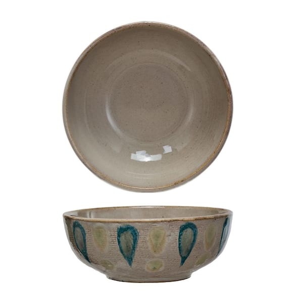 9.5 in. 87.93 fl. oz. Multicolor Hand-Painted Stoneware Serving Bowl