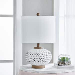 Salem 20.5 in. White/Brown Resin Traditional Table Lamp with White Fabric Drum Shade and USB Port, 3-Way