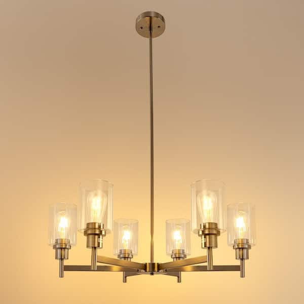 6-Light Farmhouse Chandelier with Clear Glass Shades - Modern Nickel Pendant Light for Dining Room or Kitchen Island