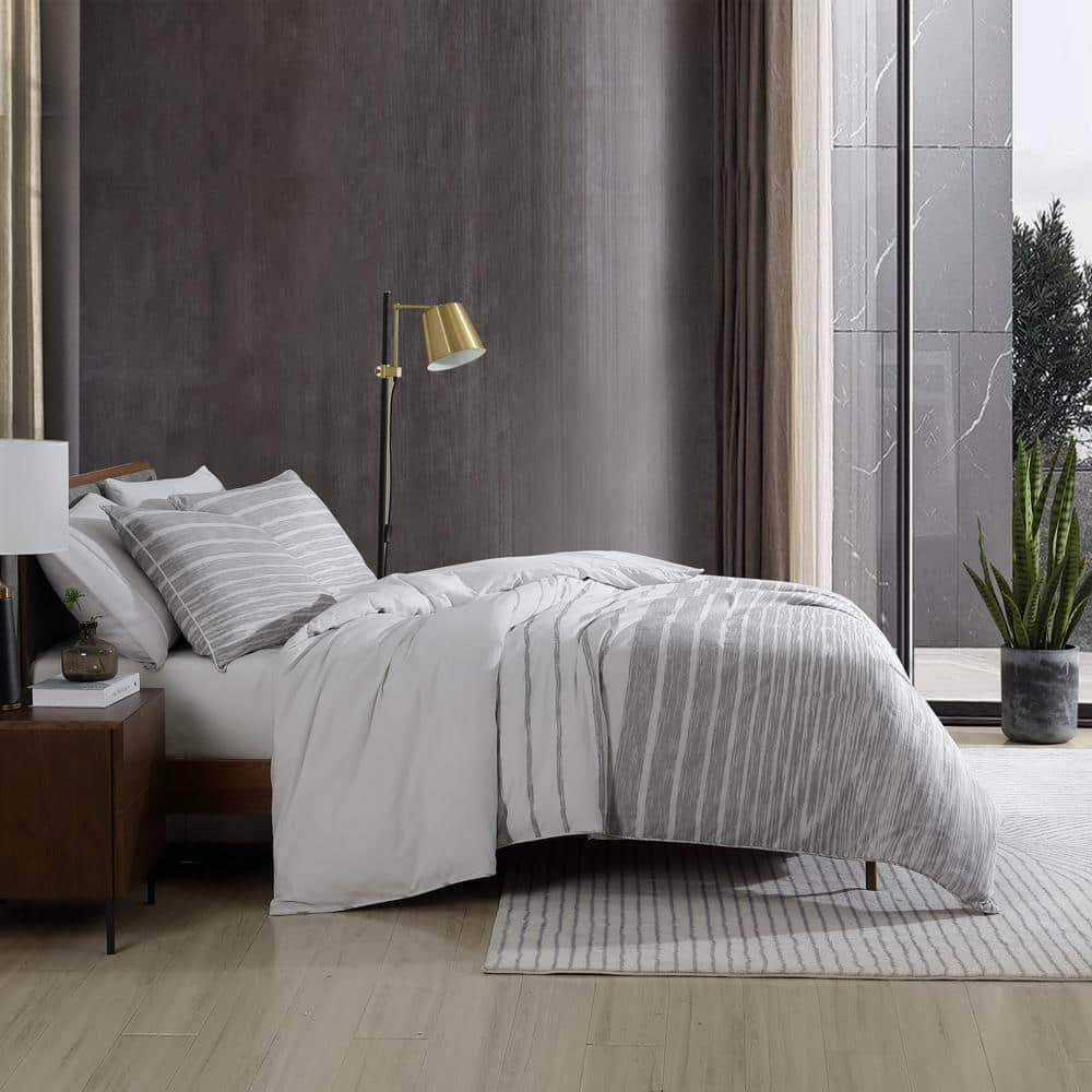 King Grey Cotton Abstract Stripe Duvet Cover Set