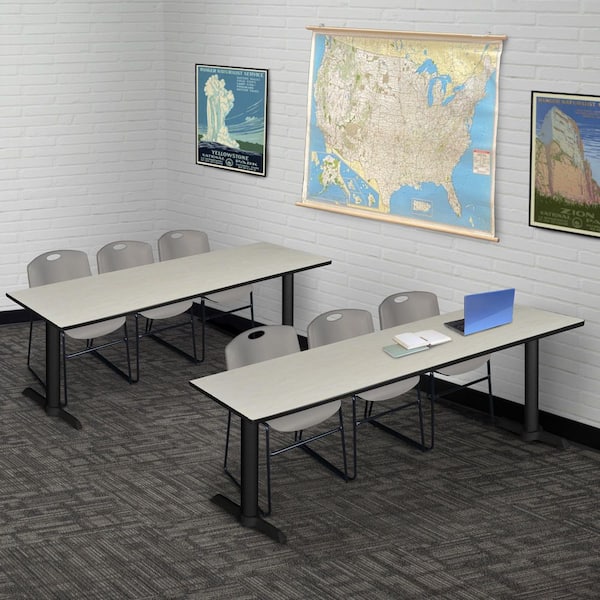 Cain 84 in x 24 in. Maple T-Base Training Seminar Table Desk and 3 Zeng Stack Chairs-Grey
