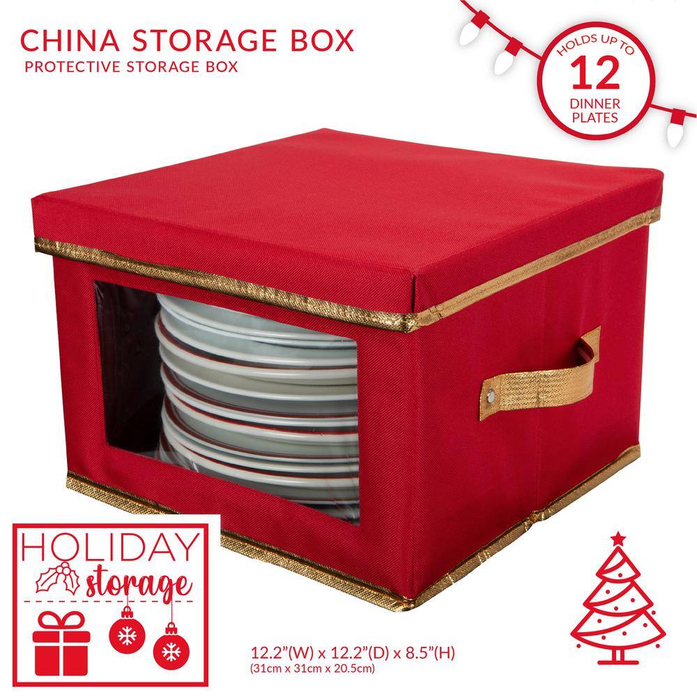 Red Polyester Dinner Plate Storage Box with Felt Dividers