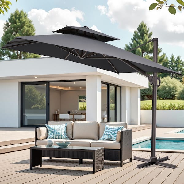 Pellebant Double Top Aluminium 9.5 ft. Square Heavy-Duty 360-Degree Rotation Cantilever Patio Umbrella in Gray Without Base