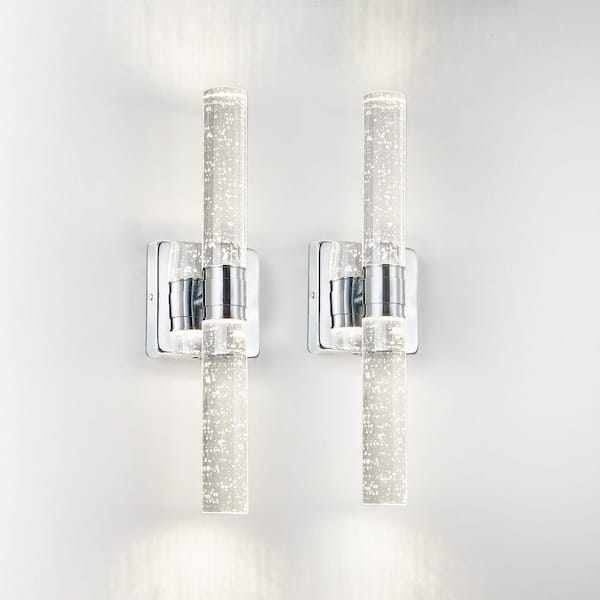 Gloweer 2-Pieces 17 in. W 1-Light Chrome Wall Sconce Vanity Light Crystal LED Wall Light with Bubble for Bathroom Hallways