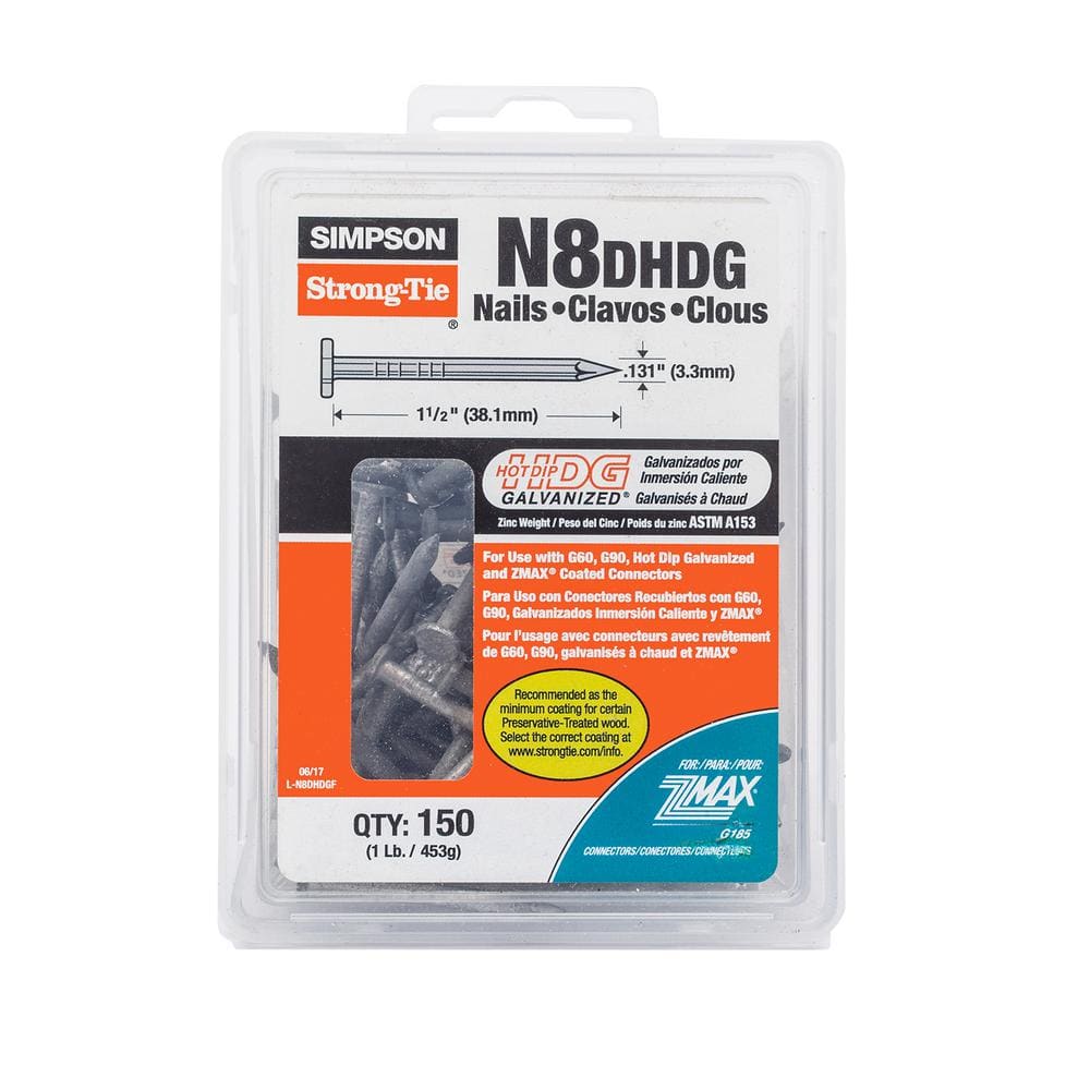 Simpson Strong-Tie Strong-Drive 1-1/2 in. x 0.131 in. SCN Smooth-Shank HDG  Connector Nail (150-Pack) N8DHDG-R - The Home Depot