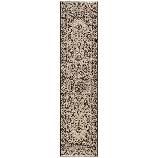 SAFAVIEH Beach House Cream/Brown 2 ft. x 6 ft. Medallion Indoor/Outdoor Patio Runner Rug