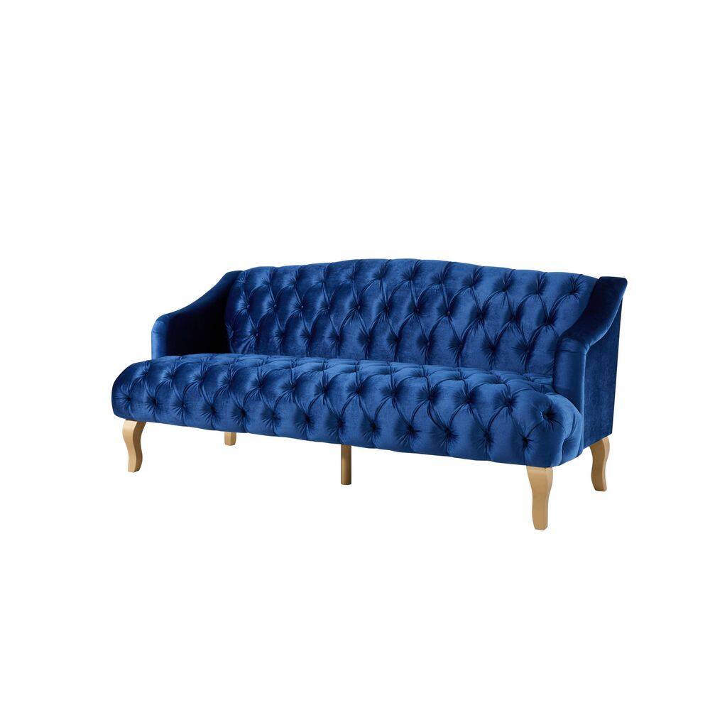 Adelia 72.76 in. Dark Blue Solid Velvet 3-Seat Camelback Sofa