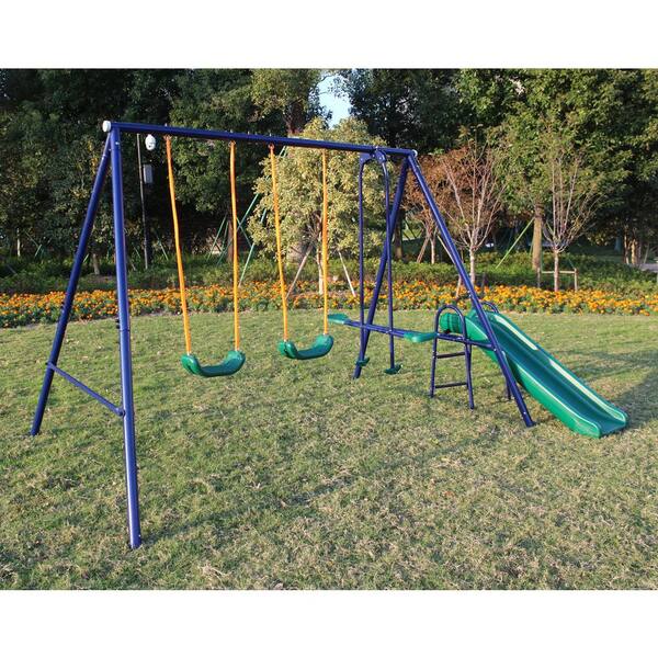 Unbranded LN20232280 Metal Outdoor Swing Set with 2 Swing Seats, 1 Glider, 1 Slide - 2