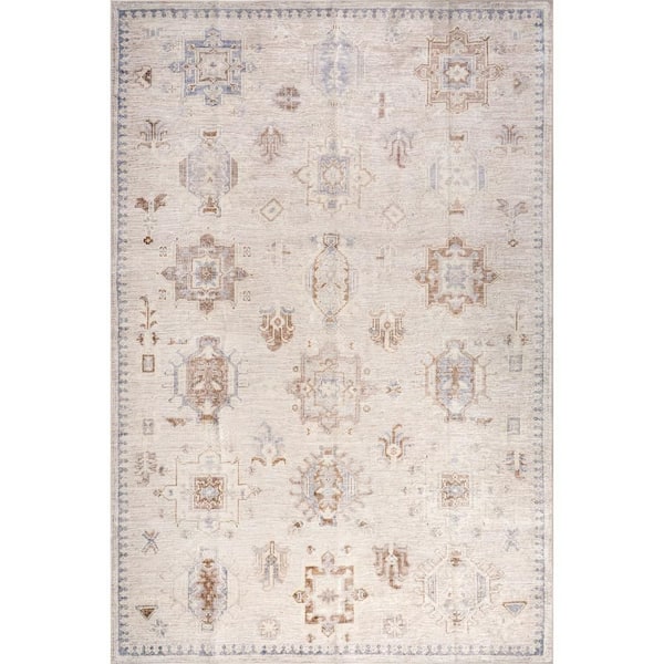 Brenda Hazy Heraldry Spill Proof Washable Beige 8 ft. x 8 ft. Indoor Area Rug