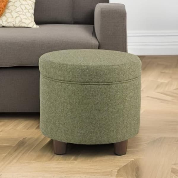 Green Tweed Woven Polyester Round Storage Ottoman