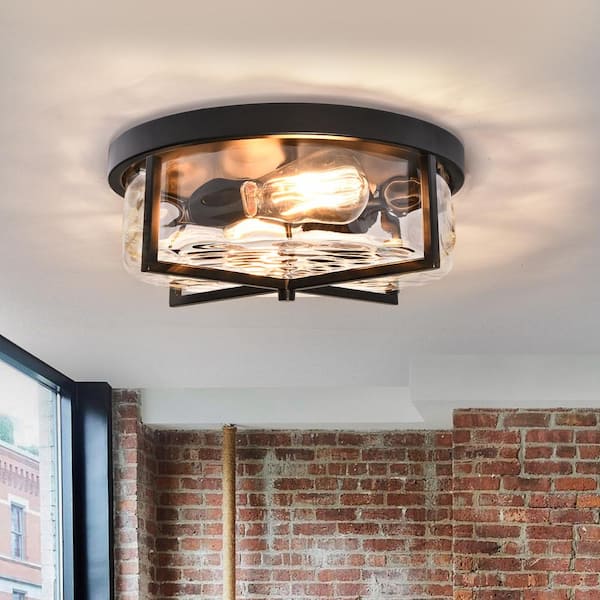 HUOKU Lumin 13 in. 2-Light Matte Black Drum Flush Mount Farmhouse Ceiling Light with Hammered Glass Shade