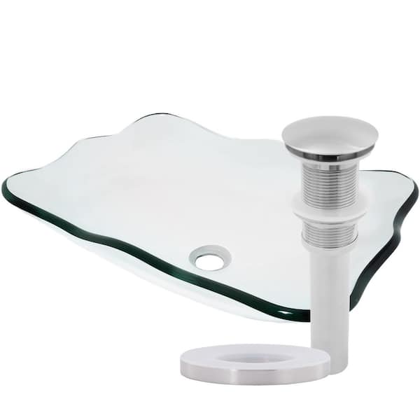 Novatto Elegante 20 in. Clear Glass Rectangular Vessel Sink with Drain in Brushed Nickel