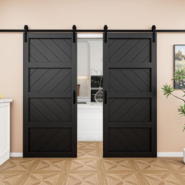 72 in. x 84 in. (Two 36 in. Slabs) Black 4 Lite Wave Shape Prefinished Sliding Barn Door with Hardware Kit