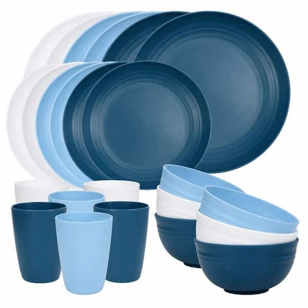 24-Piece Modern Blue Unbreakable Dinnerware Set, Dishwasher Microwave Safe Plates and Bowls Set (Service for 6)