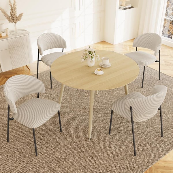 GOJANE 5-Piece 43.3 in. Modern Round Dining Table with 4-Corduroy Chairs (Table Plus 4-White Shell Chairs)
